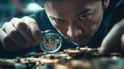 Watch Repair Specialist Inspecting Mechanical Movement with Magnifying Glass
