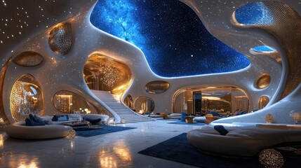 Luxurious space hotel lobby with interactive light displays and stunning view of cosmos