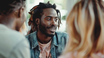 Obraz premium Casual Social Interaction Among Multiracial Friends. Candid Conversational Moment. Generative ai