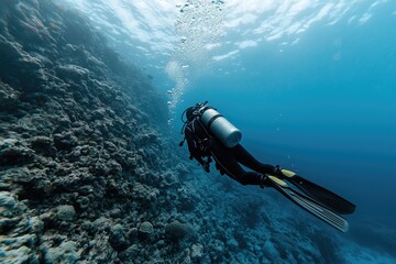 Underwater journey: diver descending, thrill of exploring beneath the surface, surrounded by coral reefs and aquatic life, adventure and tranquility of the diving experience