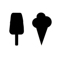 Black silhouettes - popsicle on a stick and ice cream scoops in a waffle cone - vector illustration