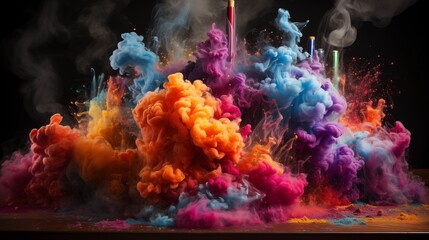 Opened school book and pencils with rainbow smoke bomb.