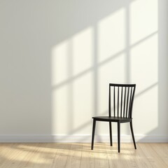 Fototapeta premium Minimalist black chair against a sunlit wall with light streaming through a window. The wooden floor enhances the simplicity of the scene.