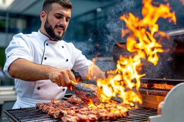 A chef grilling meat on a barbecue, with flames and smoke adding to the intense cooking atmosphere