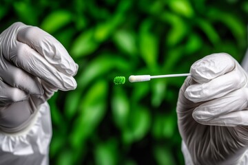 A close-up of a COVID-19 testing swab, being held by a healthcare worker in a protective suit