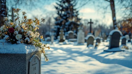 A serene winter cemetery scene with snow-covered graves and flowers, evoking tranquility and remembrance.
