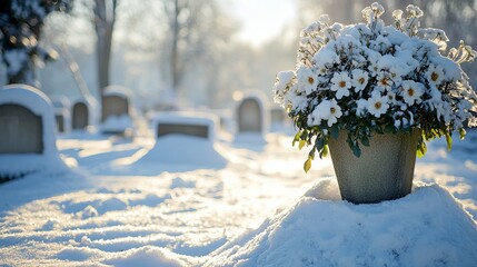 A serene winter scene showcasing a flower pot covered in snow at a cemetery, evoking feelings of remembrance and peace.