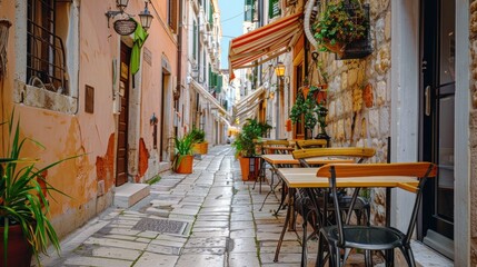 Obraz premium Cobblestone Alleyway with Outdoor Cafe Tables