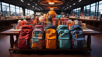 Fototapeta premium Organized and vibrant display of school supplies, with pencils, notebooks, and folders neatly arranged in a retail shop.