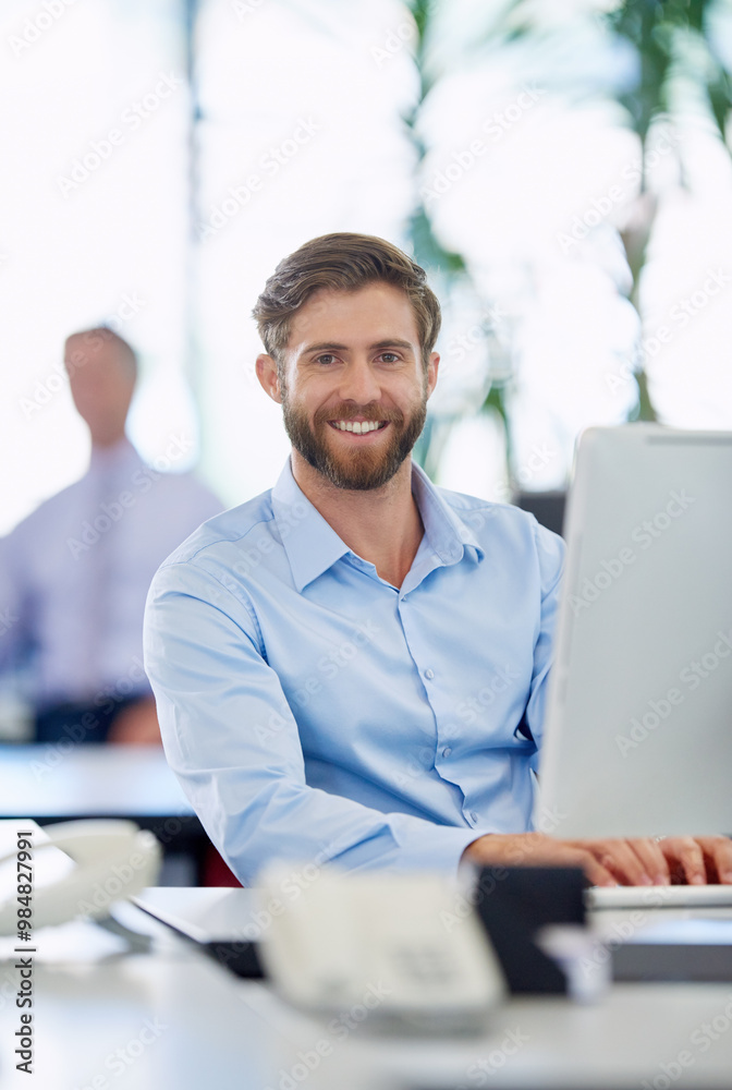 Poster office, businessman and portrait with computer for typing, page update and online information. caree