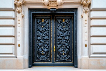 A close-up of an ornate door on a historic building, with detailed carvings and brass accents