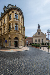 Beautiful city and street shot of an old town during the day. Summer weather in the city center at...