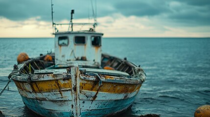 Obraz premium An abandoned fishing boat rests against the backdrop of a tranquil sea under moody skies.