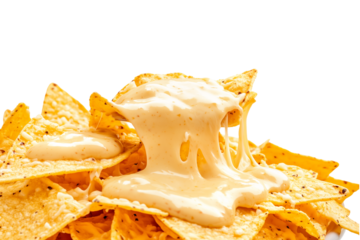 Closeup of nachos topped with melted cheese, jalapeno slices isolated on white background. Concept of snack food