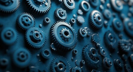 Intricate arrangement of metallic gears against a textured blue background in industrial design