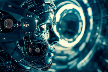 A close up of a robot head in front of a futuristic background