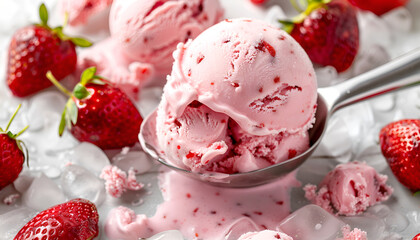detailed view showcasing a scoop of red strawberry ice cream