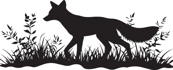 Fox sneaking through the forest silhouette black and white