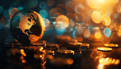 Stack of coins and a globe on a dark background, bokeh effect, global business concept, global market business