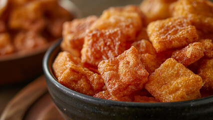 Crispy pork chicharrón in a rustic bowl, showcasing golden brown textures and perfect for traditional cuisine or food photography themes.