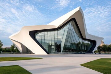 A contemporary museum exterior, with bold shapes, large glass panels, and a striking design