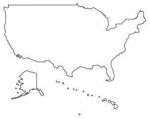 Vector illustration of a simple black outline map of the United States, including Alaska and Hawaii.