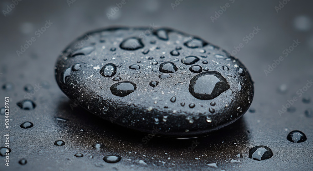 Wall mural smooth black stone with water droplets resting on a dark surface surrounded by greenery