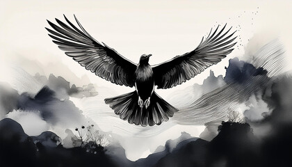 Minimalist black ink strokes of bird in flight, with Watercolor brushwork. Monochrome style.