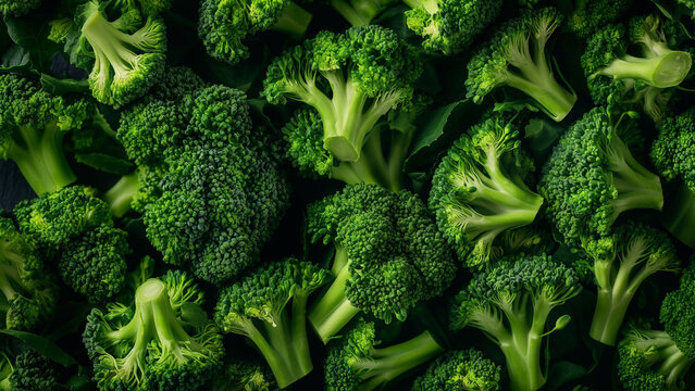 Close-up of fresh broccoli florets, showcasing vibrant green color and texture, perfect for healthy eating and culinary backgrounds.