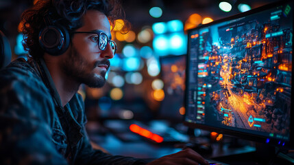 Fototapeta premium Focused gamer playing in a dimly lit room.