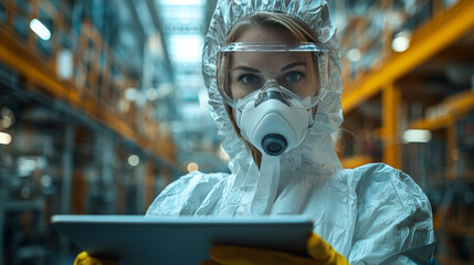Woman in a white protective suit and mask using a tablet in a industrial setting.