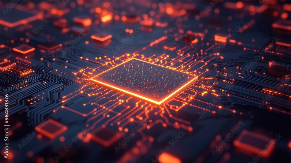 Poster a close-up shot of a glowing microchip with digital lines extending outward, symbolizing the core of