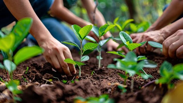 Hands are carefully planting young seedlings into rich brown soil. This community gardening event brings people together, promoting sustainability and growth in a vibrant park.