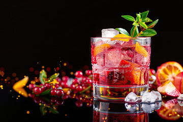 Fruit and rose garnished cocktail in highball glass on outdoor table, surrounded by ice cubes, juice, and other glasses. Black dominant color scheme.