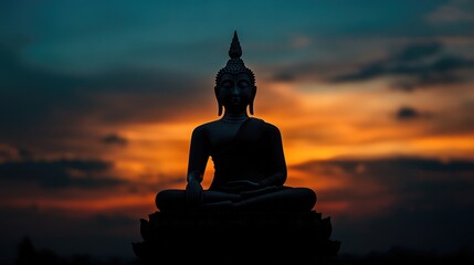 A close-up silhouette of a Buddha statue meditating, set against a backdrop of a cloudy sky at dawn, creating a tranquil and contemplative atmosphere.