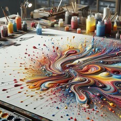 An abstract spread of vibrant, swirling paint covers a large canvas in a creative studio, with numerous paint bottles and brushes scattered in the background. A dynamic representation of art in motion