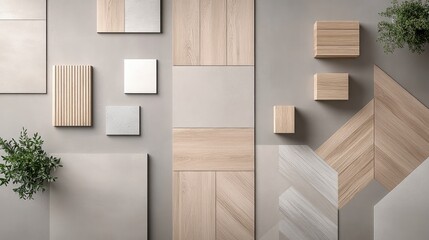 A top-down view showcases a variety of materials for interior design, including wooden panels, ceramic tiles, and fabric samples, highlighting their aesthetic combinations