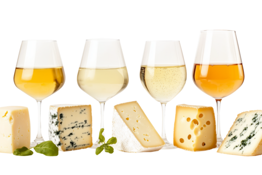 Glasses of red and white wine with varieties of cheese isolated on white background. Concept wine and cheese pairing
