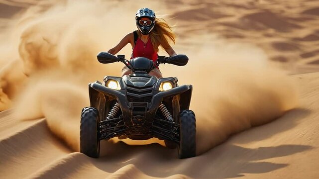 Young woman driving quad bike through desert sand dunes