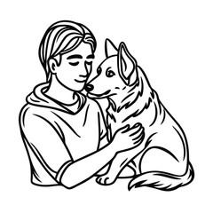 human and animal in line art style vector, isolated white background, 