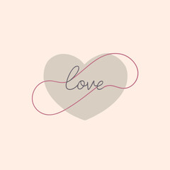 Love text with red heart vector silhouette, isolated white background,