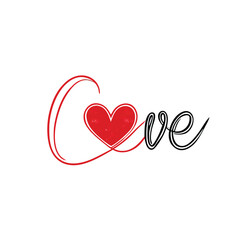 Love text with red heart vector silhouette, isolated white background,