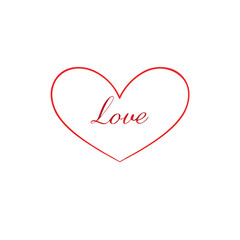 Love text with red heart vector silhouette, isolated white background,