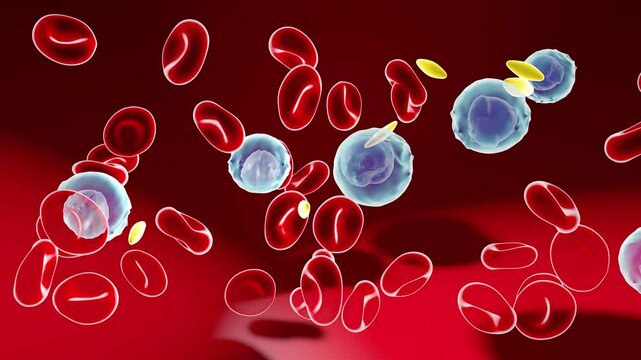 3d animation of the lateral movement of blood components. Red blood cells, leukocytes, platelets and plasma floating in space. Circulation on red background.
