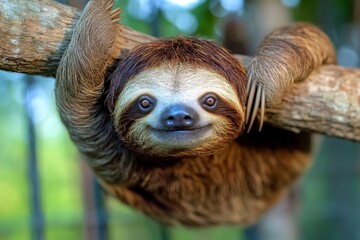 Fototapeta premium A lazy sloth hanging from a tree branch, with a relaxed expression and slow, deliberate movements