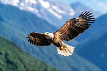 Obraz premium A majestic eagle soaring high above the mountains, with wings spread wide, gliding effortlessly through the sky
