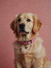 Golden retriever puppy with a pink collar on a pink background.