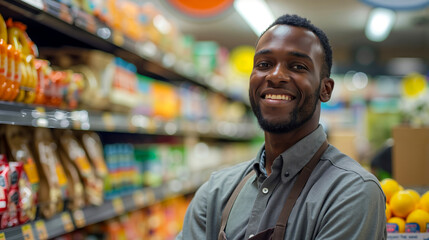 Obraz premium A man standing in front of a grocery store shelf smiling