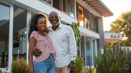 A man and woman standing in front of a house