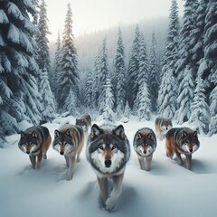 Wolf Pack in the Snow A pack of wolves moving through a snowy forest and looking ahead.